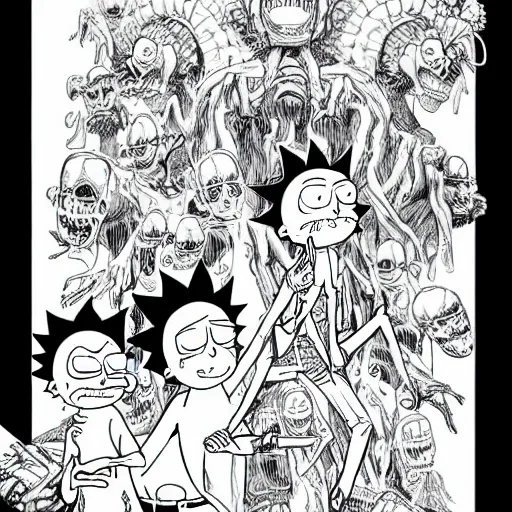 Image similar to rick and morty drawn in the style of Kentaro Miura from berserk, manga, high detail,