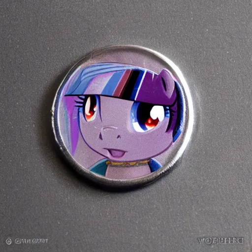 Image similar to twilight sparkle on a roman denarius coin. short muzzle, big eyes, mane