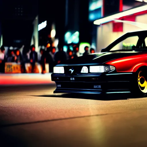 Image similar to a car Nissan Silvia at illegal car meet, Shibuya prefecture, city sunset, cinematic color, photorealistic, highly detailed