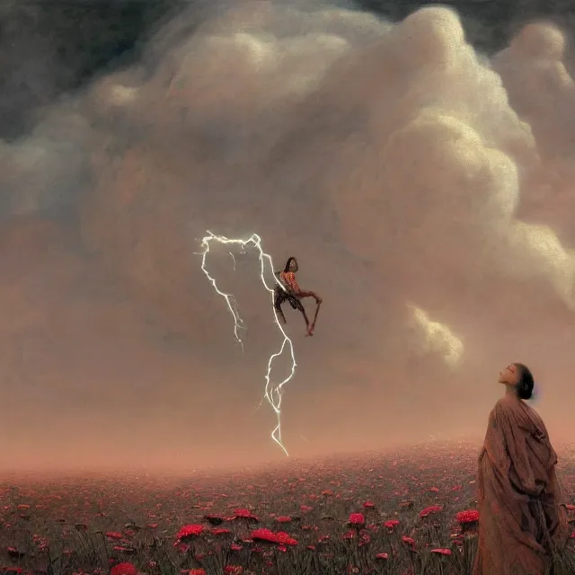 Image similar to A woman wearing clothes made out of thunder clouds and flowers, people floating in the sky, apocalypse, red skin, Masterpiece, glowing, wires everywhere, by Edgar Maxence and Ross Tran, Zdzisław Beksiński, and Michael Whelan, distant, gustav dore, H.R. Giger, 8k, octane render