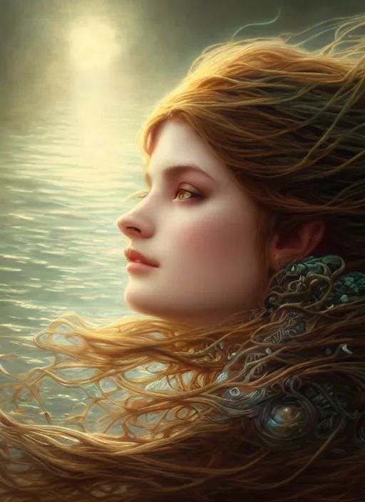 Image similar to beautiful goddess portrait of a seductive twilight princess dreaming in underwater murky light, wind blown hair! dark fantasy esoteric, closeup, d & d, fantasy, intricate, elegant, highly detailed, digital painting, artstation, concept art, matte, sharp focus, illustration, art by artgerm and tom bagshaw and greg rutkowski and alphonse mucha