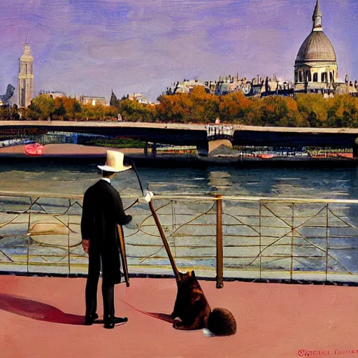 Image similar to ewan mcgregor is standing by the river seine on a bridge in the morning. he is wearing a gentleman ´ s outfit with a bowler hat. next to him at his feet is lying a brown cat. ewan mcgregor is painting a canvas that is put on an easel. morning light. early 2 0 th century paris. vivid colours, digital art, by miyazaki