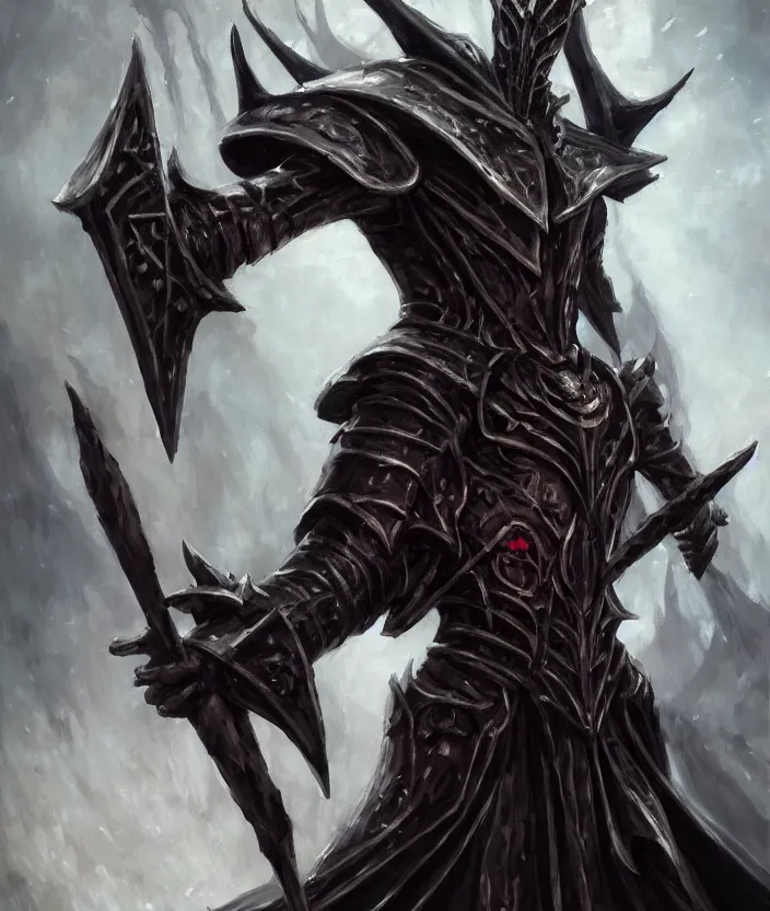 Image similar to ainz ooal gown wears daedric armor and casts the ultimate spell on an army of knights, oil painting!!!, runes, overlord!!!, magic, dark, gloomy, portrait, character portrait, concept art, symmetrical, 4 k, macro detail, realistic shadows, bloom, cosplay, anime, dviant art