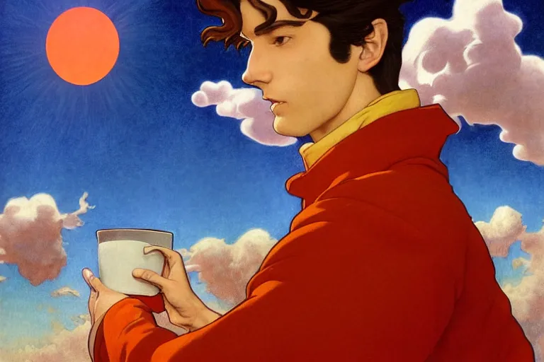 Prompt: portrait of a ( ( ( una taza de cafe grande y roja ) ) ), ( ( guapo joven caliente espanol alegre ) ), lleno de nubes y magia, el sol, concept character, by greg rutowski and tezuka and oi and mucha and bierstadt and remington, trending on artstation