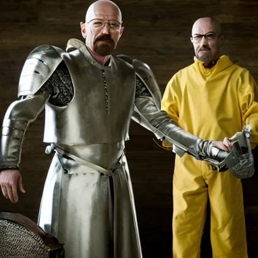 Image similar to walter white and gustavo fring dress like knights from game of thrones, fighting with swords, cinematic, highly - detailed, 8 k, hbo, game of thrones, realistic