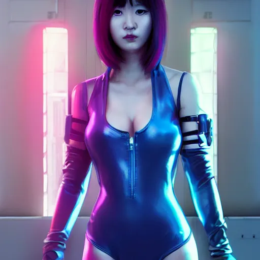 Image similar to Korean cyberpunk female, Cyberpunk 2077 night city gang member with purple bodysuit and knee high boots, trending on artstation by Ruan Jia and Mandy Jurgens and Artgerm and