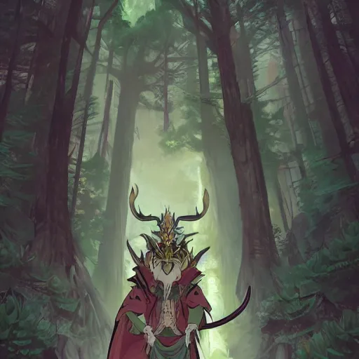 Prompt: concept art painting of an anthropomorphic dragon king with robes, a long dragon neck, and horned skull mask, in a deep forest, anime style, cel shaded, in the style of makoto shinkai and james gurney and studio ghibli and moebius