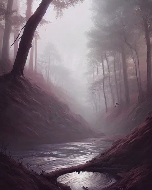 Image similar to professional ominous impressionist painting of a winding river by artgerm and greg rutkowski. an intricate, elegant, highly detailed digital painting, concept art, smooth, sharp focus, illustration, in the style of simon stalenhag, wayne barlowe, and igor kieryluk.