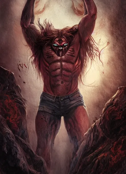 Prompt: Sam Winchester as a muscular half-blood werewolf with religious tattoos on chest and neck, stained and bleeding, magic overlays, magic flames, open portal with runes in the background, romance book cover style, D&D illustration style, (octane render) fantasy style, sharp focus, ultra detailed, art by Artgerm and Peter Andrew Jones, Ayami Kojima, Amano and Olivier Ledroit