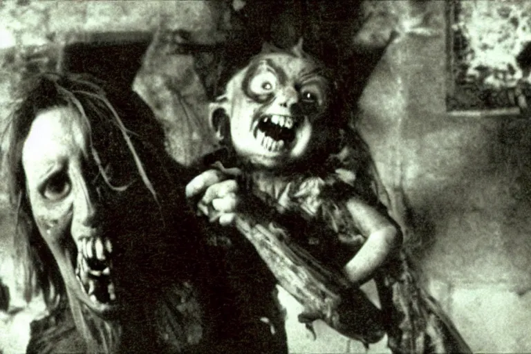 Image similar to film still of a scarred horrid vampiric creature with huge fangs clutching a victorian doll in a cluttered ruined barnyard, horror movie, eerie, creepy, grainy, dark, amazing lighting, great cinematography