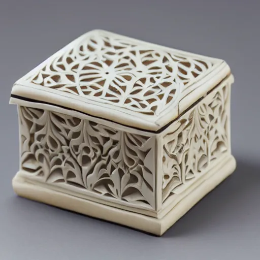 Image similar to arabesque carved ivory box, studio photography, black background