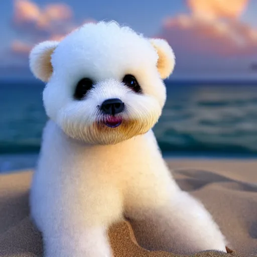 Image similar to a closeup photorealistic photograph of panda themed white bichon frise smiling on the beach at sunset. This 4K HD image is Trending on Artstation, featured on Behance, well-rendered, extra crisp, features intricate detail and the style of Unreal Engine.