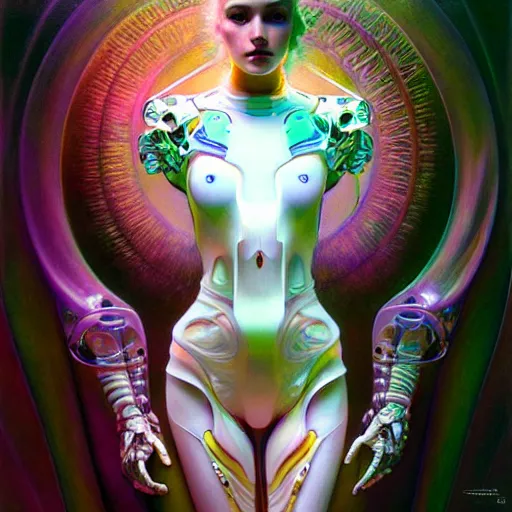 Image similar to psychedelic organic cyborg, white holographic plastic, dramatic lighting, fantasy, intricate, elegant, highly detailed, lifelike, photorealistic, digital painting, artstation, illustration, smooth, sharp focus, art by john collier and albert aublet and krenz cushart and artem demura and alphonse mucha