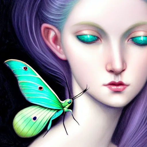 Image similar to portrait of girl with pale teal hair, luna moth, uniquely beautiful, fantasy, intricate, elegant, dramatic lighting, emotionally evoking symbolic metaphor, highly detailed, lifelike, photorealistic, digital painting, artstation, concept art, smooth, sharp focus, illustration, art by John Collier and Albert Aublet and Krenz Cushart and Artem Demura and Alphonse Mucha