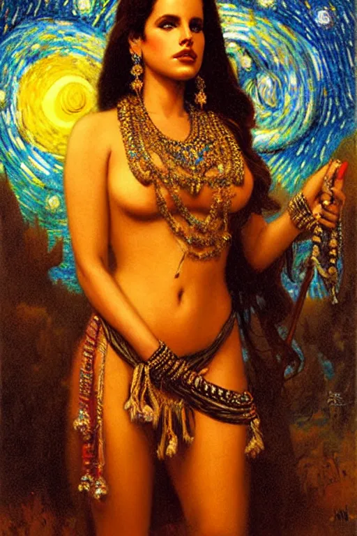 Image similar to attractive lana del rey as a shiva playing pinao, starry night, painting by gaston bussiere, craig mullins, j. c. leyendecker