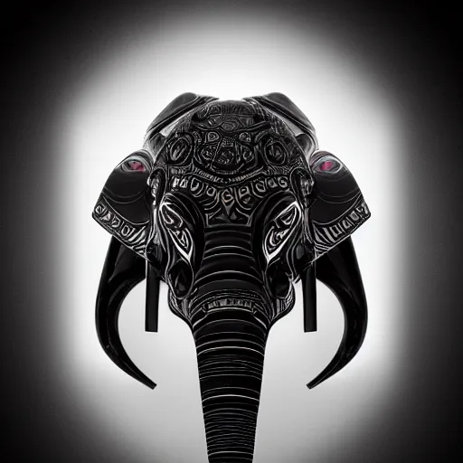 Prompt: futuristic elephant head, symmetrical, intricate black shaman ornaments, black oak patterns, iridescent reflection, mask big, mech mask, robotic ganesha head, mecha - elephant, white backround, graphic design, black white greys and red color, subsurface scattering, cyberpunk, unreal engine, octane render, imagined by devarshy