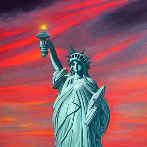 Image similar to the stature of liberty holding a taser. apocalypse painting. masterpiece. red sky, moody, gothic