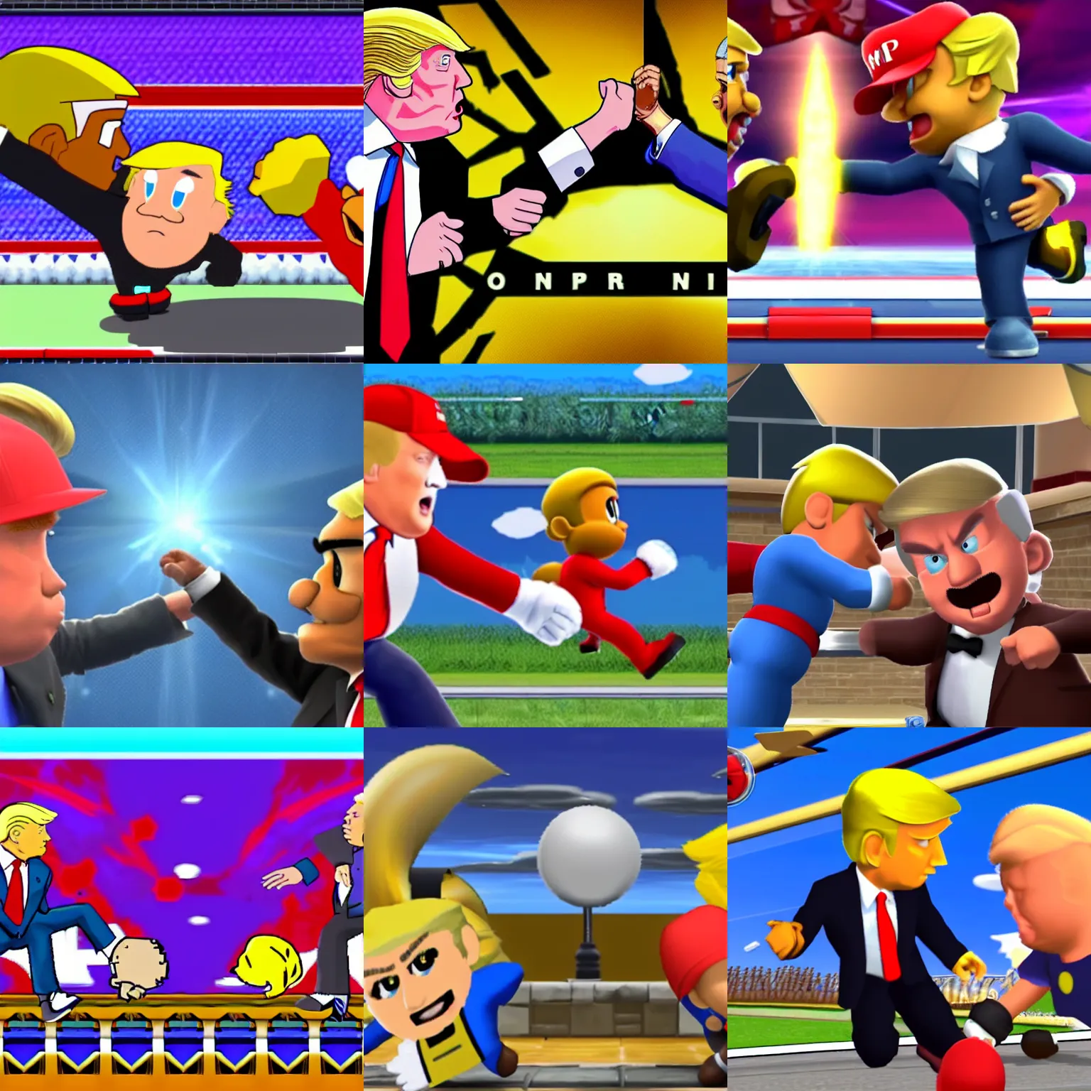 Prompt: screenshot of donald trump and obama fighting in super smash brothers