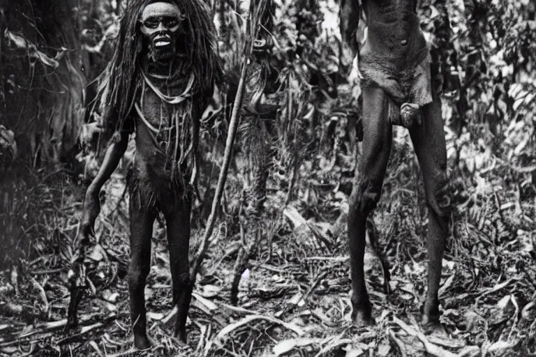 Prompt: a 1905 colonial closeup photograph of an African scary tribal voodoo ghost in a village at the river bank of Congo , Thick jungle,scary, evil looking, wide angle shot