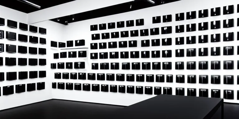 Prompt: dezeen showroom , minimalissimo, archdaily, ignant, teenage engineering moad, mother of all decks, product design concept, product shot of wall of synthesizers made by virgil abloh, jony ives , dieter rams, 8k, high detailed photo