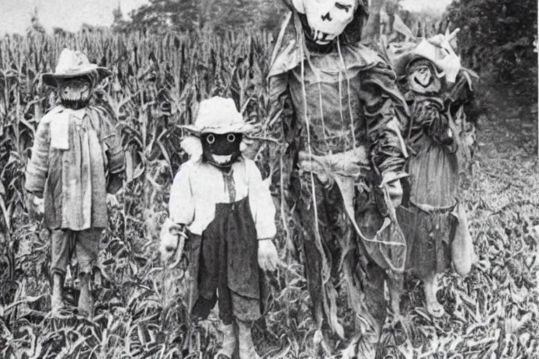 Image similar to disturbing scarecrow from the early 1 9 0 0's leading innocent children into the cornfields