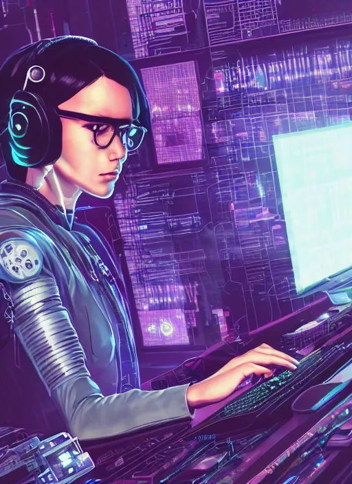 Prompt: portrait of a cyberpunk hacker at her computer, asymmetrical haircut, futuristic glasses by dan mumford, yusuke murata, makoto shinkai, ross tran, cosmic, intricate detail, cinematic, 8 k, cel shaded, unreal engine, featured on artstation, pixiv