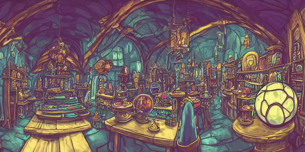 Image similar to inside a magical item shop, fantasy potion vendor interior, a black crystal ball with blue lightning, studio ghibli studio art style, wide angle, gothic interior