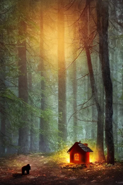 Image similar to Little house in gloomy woods with a bear sat on a log at a fire with a man with a lantern approaching it. Oil painting. Ultra HD. Sharp. Beautiful woods. Volumetric lighting. Ambient.