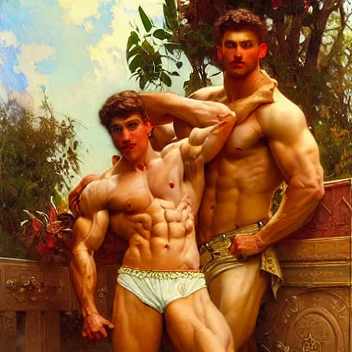 Prompt: attractive muscular bro and muscular attractive broseph, drinking their hearts out, boys night out. highly detailed painting by gaston bussiere, craig mullins, j. c. leyendecker, alphonse mucha 8 k