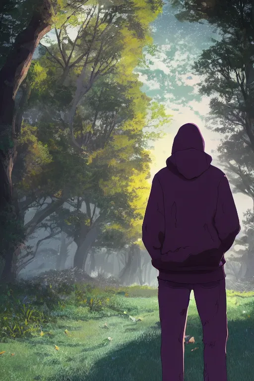 Image similar to young man in a purple hoodie, back view, messy short brown hair, detailed neighbourhood background, trees, colourful, 8 k, anime, ghibli style, graphic novel, digital art trending on artstation, volumetric lighting, octane render, cinematic, hyper detailed