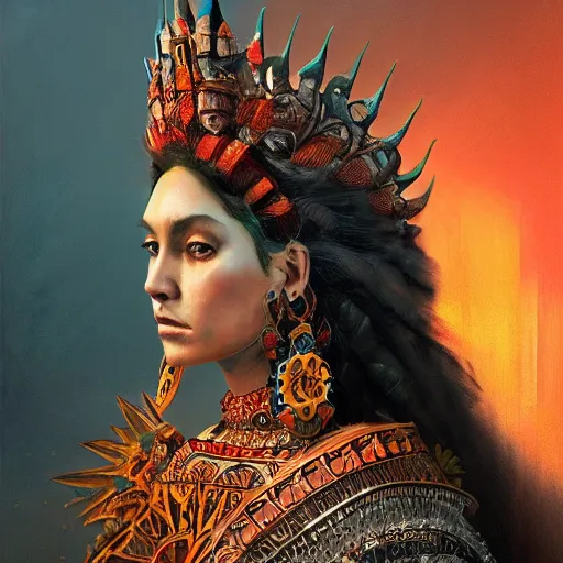 Prompt: queen of the aztecs, gorgeous portrait, intricate, elegant, volumetric lighting, scenery, digital painting, highly detailed, artstation, sharp focus, illustration, concept art, ruan jia, steve mccurry