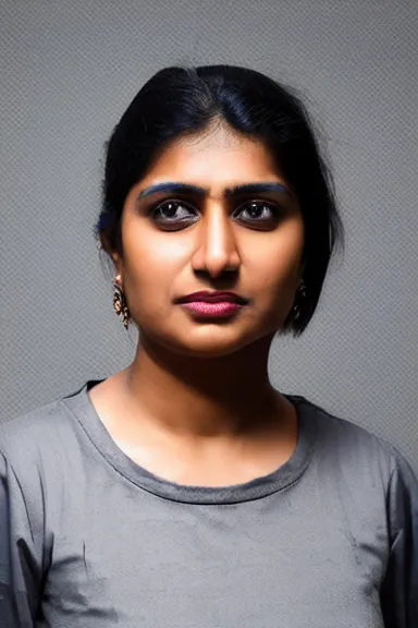 Prompt: portrait photo of a modern ( south asian ) woman wearing a dark shirt, upper body avatar, kodak portra 1 6 0, chiaroscuro lighting, stylized bold outline, striking colour, default pose neutral expression, face on head shot, closeup, eye contact, sharp focus, flat grey background, 4 k, volumetric, french nouveau, ultra detail