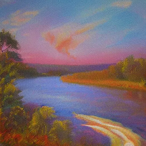 Image similar to a detailed impressionist painting of a winding river during sunrise, matte painting, oils on canvas