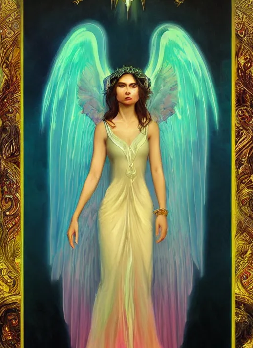 Prompt: ombre velvet gown, beautiful elegant bwoman with glowing wings, portrait, neon outline, long hair, tiara, dozens of jeweled necklaces, by greg rutkowski, brom, anato finnstark, alphonse mucha