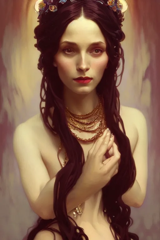 Image similar to beautiful face by leyendecker, ombre velvet gown, beautiful elegant dryad, portrait, long hair, tiara, dozens of jeweled necklaces, by greg rutkowski, brom, anato finnstark, alphonse mucha, oil painting, highly detailed, cinematic lighting, unreal,