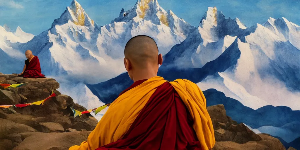 Prompt: oil matte portrait of tibetan monk sitting at a mountain peak praying, with tibetan prayer flags going up the summit, cinematic lighting, deep focus, sharp focus, golden ratio, dramatic illumination, hdr, ultra realistic, 8 k, highly detailed, trending on artstation, epic composition, by caravaggio, by artemisia lomi gentileschi