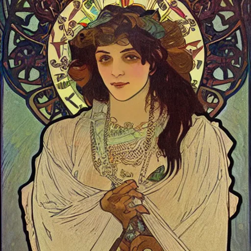 Image similar to feminine portrait of benjamin netanyahu in pride parade, by alphonse mucha