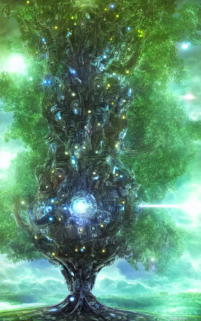 Prompt: futurist cybernetic yggdrasil world tree, future perfect, award winning digital art