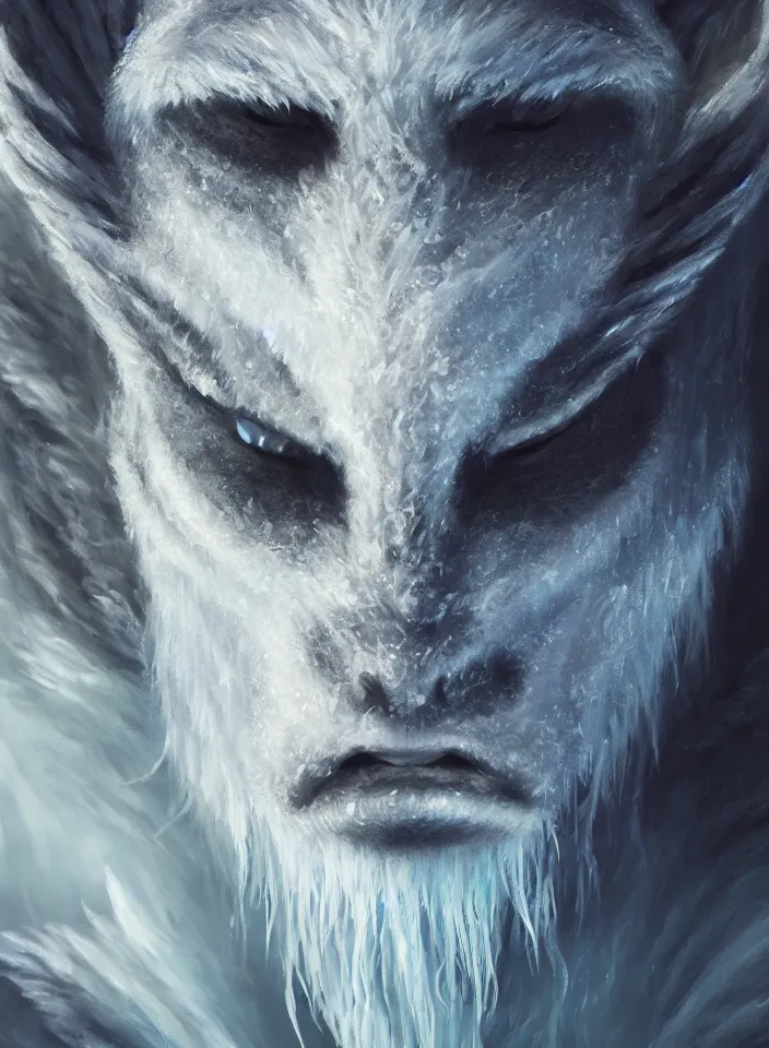 Prompt: a face portrait of a furry ice troll from skyrim, fantasy setting, beautiful face, serene colors, soft lighting, atmospheric, cinematic, moody, in the style of diego koi, gina heyer, luiz escanuela, art by alyssa monk, hyperrealism, rule of thirds, golden ratio, oil on canvas, 8 k