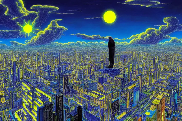 Prompt: massive large human figure in center of psychdelic city tranquil dreamworld in the clouds, surrealist and abstract digital art trending on artstation by artist Rob Gonsalves and Mark Riddick supreme peace immense knowledge black neon yellow bright blue electric lime gold dmt art