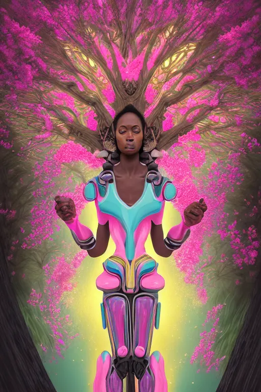 Image similar to illustration neo - baroque cinematic super expressive! yoruba goddess with exoskeleton armor, merging with tree in a forest, pink yellow flowers, highly detailed digital art masterpiece, smooth etienne sandorfi eric zener dramatic pearlescent soft teal light, ground angle uhd 8 k, sharp focus