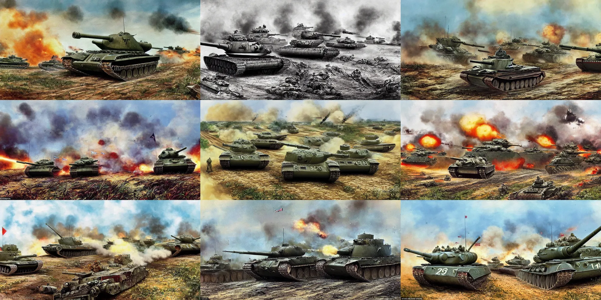 Prompt: a beautiful illustration of a tanks fighting in the battle of kursk 1 9 4 4, lots of tanks, infantry, explosions, big medium small, photorealistic, historical photo, warfare, after action report