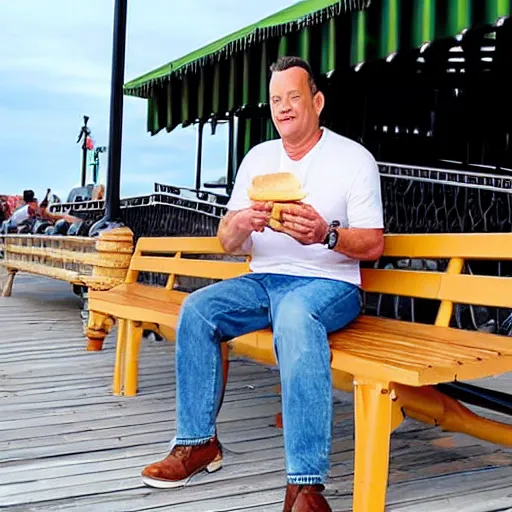 Prompt: Tom Hanks eating a hoagie while sitting on a bench on Atlantic City boardwalk
