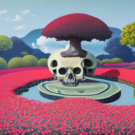 Image similar to complex and beautiful japanese garden full of flowers by michael kidd, oil on canvas, apple giant translucent transparent skull, james jean, splashes, magritte painting, intricate, highest details, 8 k, pushead, pointillism