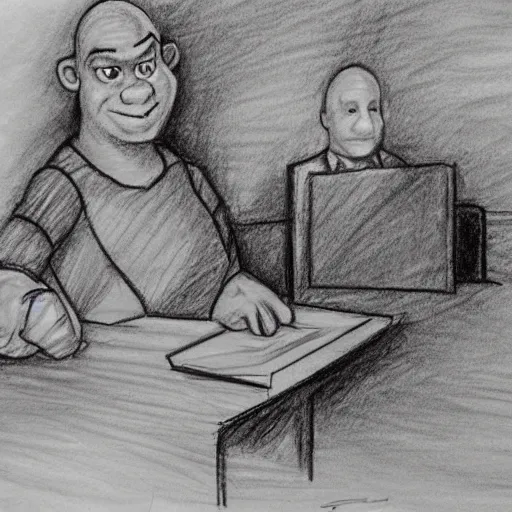 Image similar to shrek on trial in courtroom, courtroom sketch, pencil sketch, judge, courtroom