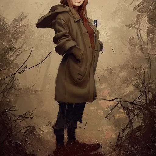 Image similar to a highly detailed epic cinematic concept art CG render digital painting artwork costume design: a teenage Sadie Sink in a 1950s man's coat and hoodie. muted colors with some yellow accents. By Greg Rutkowski, Ilya Kuvshinov, WLOP, Stanley Artgerm Lau, Ruan Jia and Fenghua Zhong, trending on ArtStation, made in Maya, Blender and Photoshop, octane render, excellent composition, cinematic atmosphere, dynamic dramatic cinematic lighting, aesthetic, very inspirational, arthouse