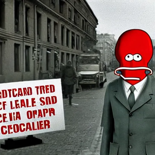 Prompt: dr. zoidberg at checkpoint charlie, realistic, old photograph