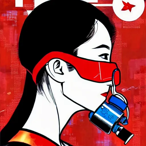 Image similar to a profile photo of a chinese spy woman side profile with a diving oxygen mask with side profile blood in ocean intricate details by MARVEL comics and Sandra Chevrier-C
