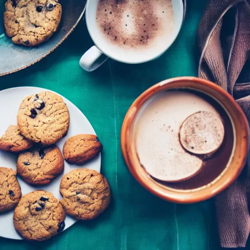 Prompt: cookies and hot chocolate, food photography, cozy