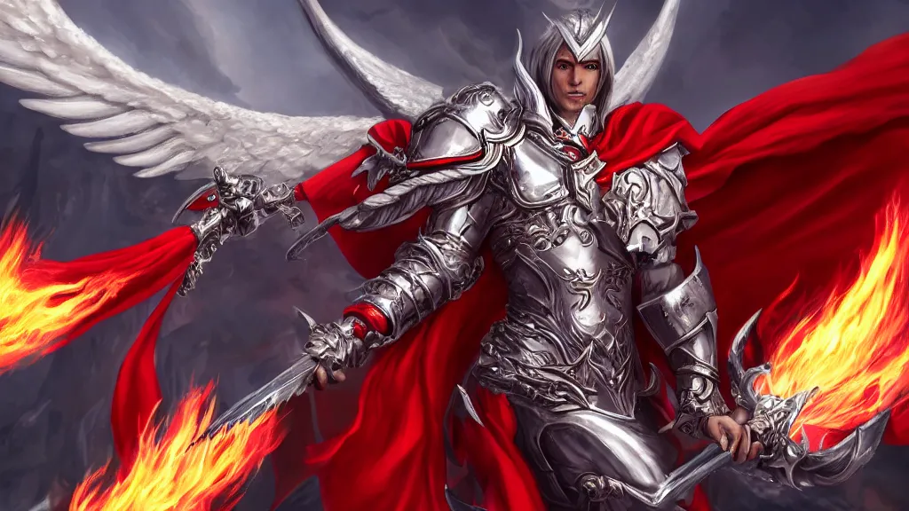 Image similar to male angel flying over hell, flame sword, white metallic armor, red cape, detailed arms, intricate white armor, two arms, two legs, detailed fanart, rpg art, d&d art, macro art, digital art, DeviantArt, artstation, 8k HD